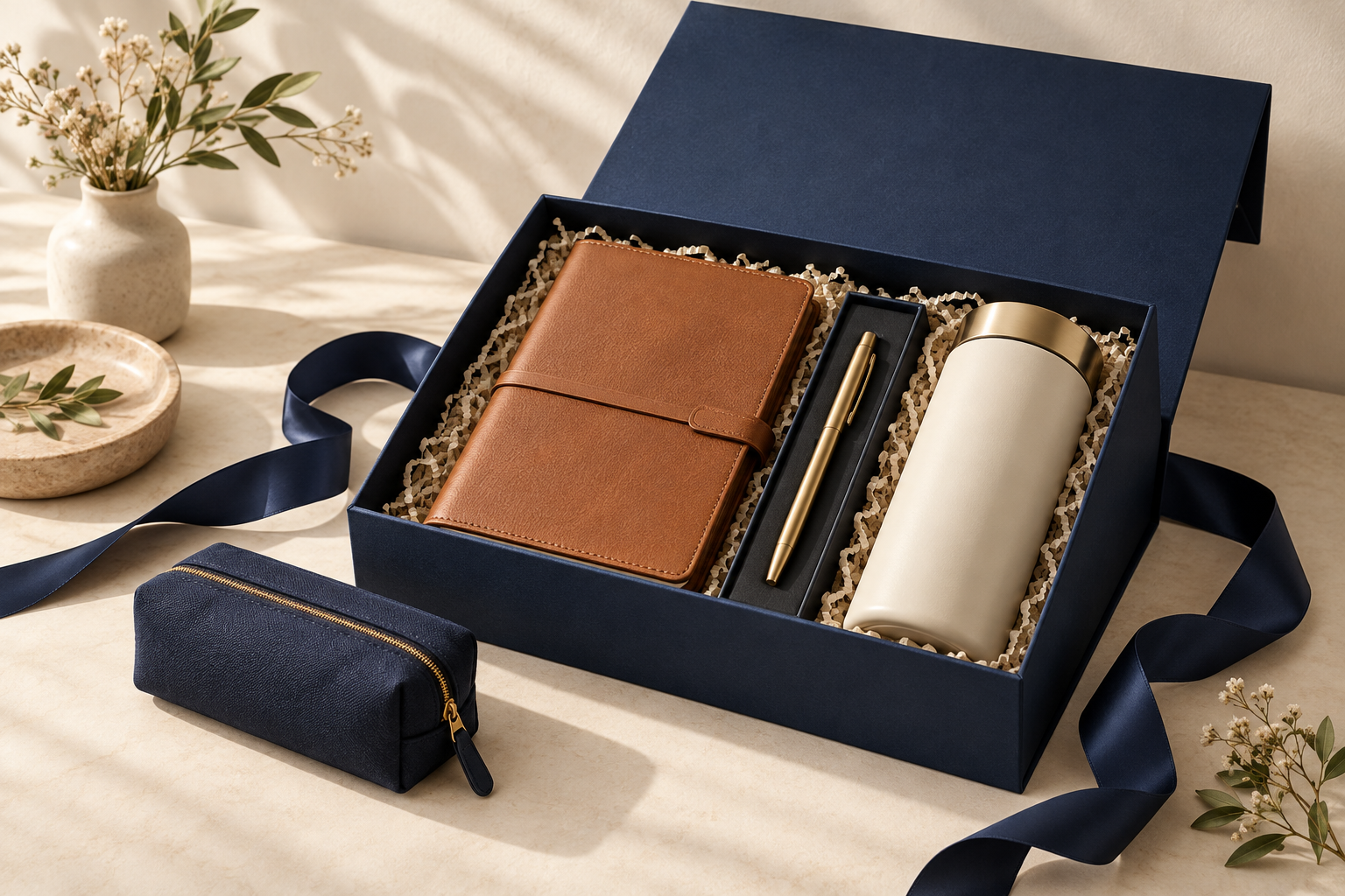 Navy gift box with a notebook, gold pen and cream tumbler